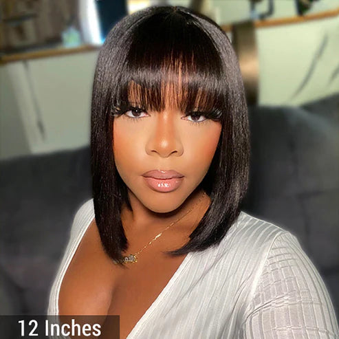 Taneshia's GodBless 12 Inch Realistic Yaki Straight Bob With Bangs 2x1 Minimalist Lace Wig 150% Density