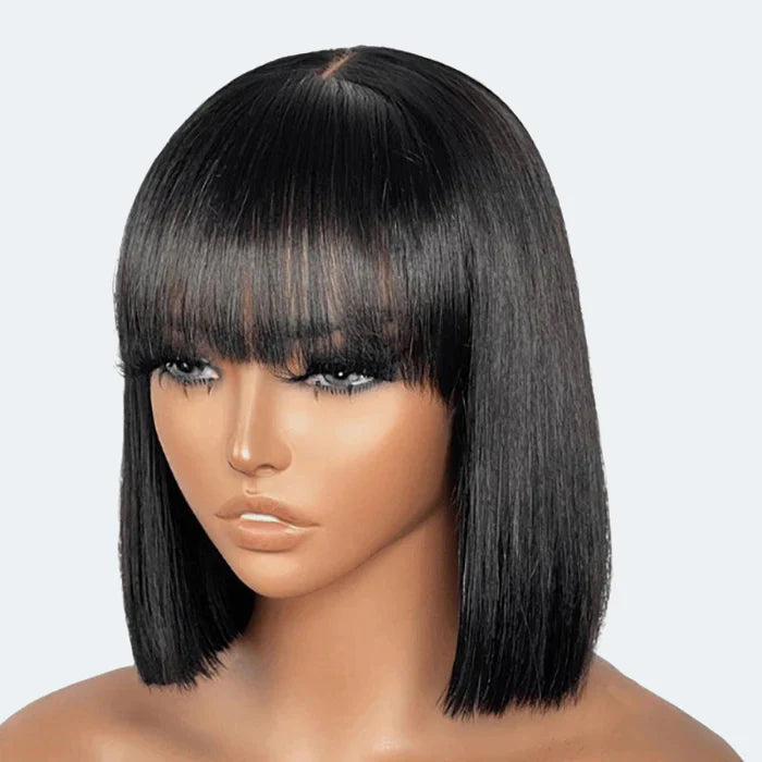 Taneshia's GodBless 12 Inch Realistic Yaki Straight Bob With Bangs 2x1 Minimalist Lace Wig 150% Density