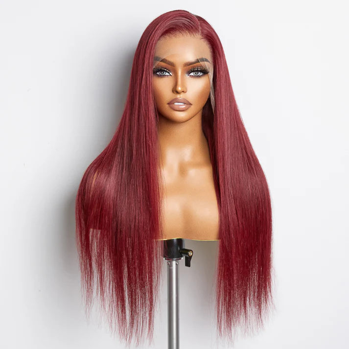 Taneshia's GodBless  24 Inches Burgundy 13"x4" Lace Front Straight Wig Pre-Plucked Free Part 150% Density-100% Human Hair
