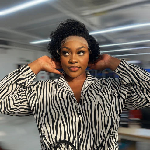 Taneshia's GodBless 8 inch Short Curly Pixie Cut 13"x4" Frontal Lace Wig Pre-Bleached Knots Brazilian Human Virgin Hair 150% Density