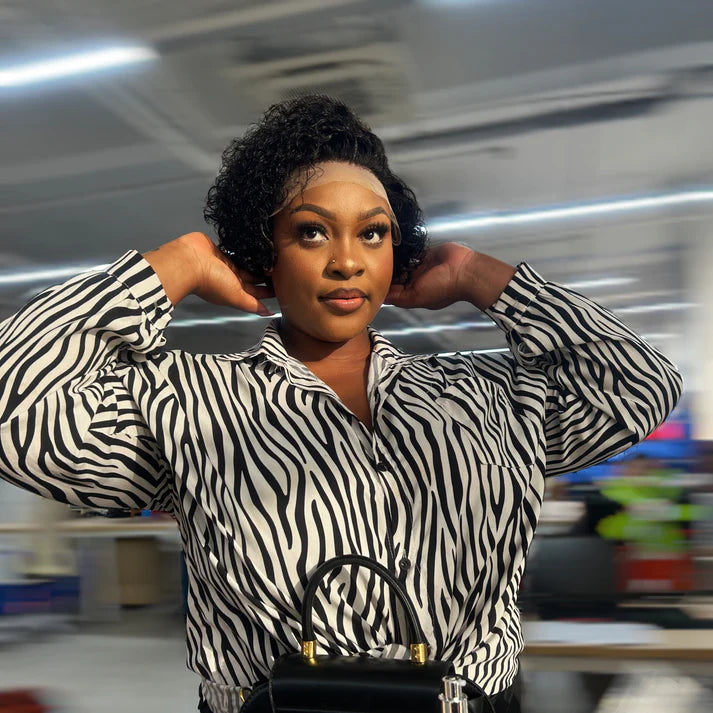 Taneshia's GodBless 8 inch Short Curly Pixie Cut 13"x4" Frontal Lace Wig Pre-Bleached Knots Brazilian Human Virgin Hair 150% Density