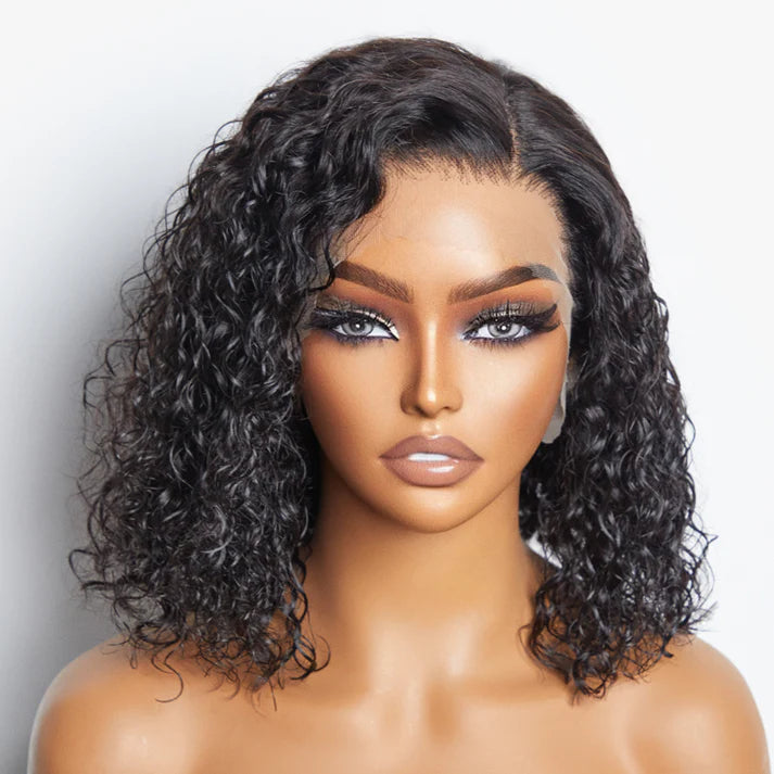 Taneshia's GodBless 12Inches 13"x4" Natural Black Water Wavy Bob 3D Transparent Lace Frontal Wig-100% Human Hair