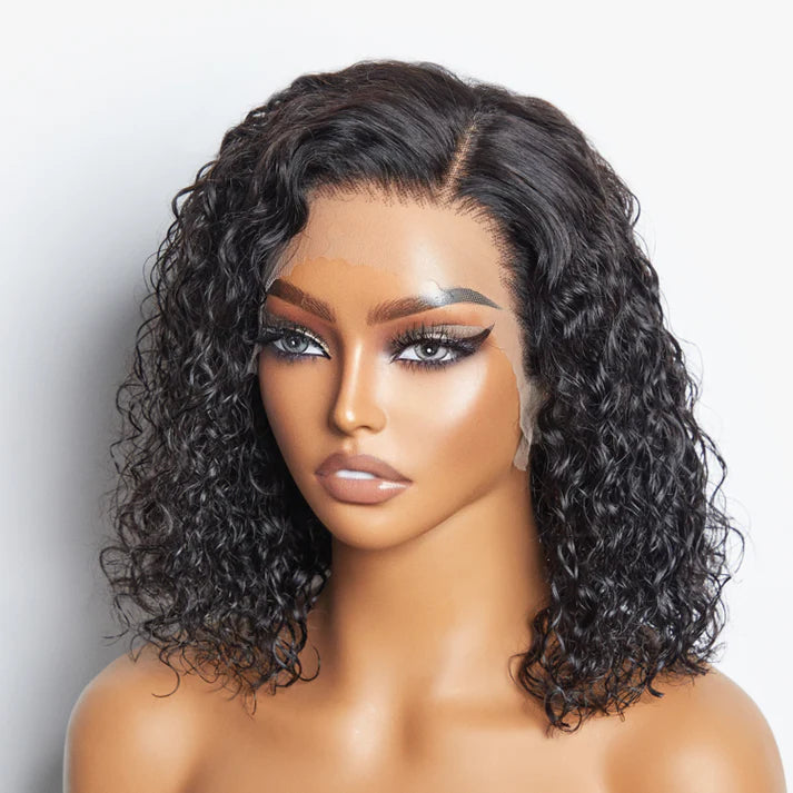 Taneshia's GodBless 12Inches 13"x4" Natural Black Water Wavy Bob 3D Transparent Lace Frontal Wig-100% Human Hair