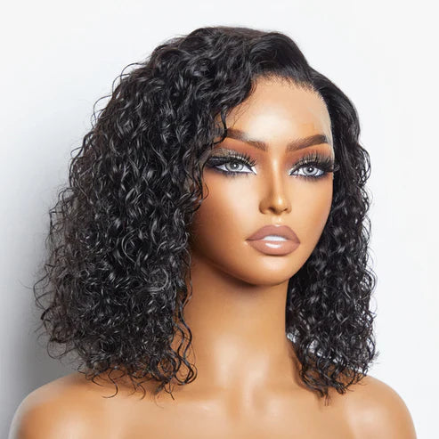 Taneshia's GodBless 12 Inches 13"x4" Natural Black Water Wavy Bob 3D Transparent Lace Frontal Wig-100% Human Hair