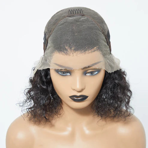 Taneshia's GodBless 12Inches 13"x4" Natural Black Water Wavy Bob 3D Transparent Lace Frontal Wig-100% Human Hair