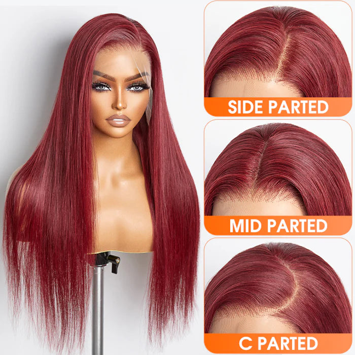 Taneshia's GodBless  24 Inches Burgundy 13"x4" Lace Front Straight Wig Pre-Plucked Free Part 150% Density-100% Human Hair