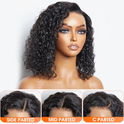 Taneshia's GodBless 12 Inches 13"x4" Natural Black Water Wavy Bob 3D Transparent Lace Frontal Wig-100% Human Hair