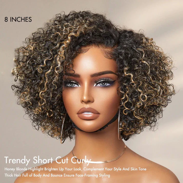 Taneshia's GodBless 8 inch Trendy Short Cut Curly Minimalist HD Lace Glueless Side Part Wig