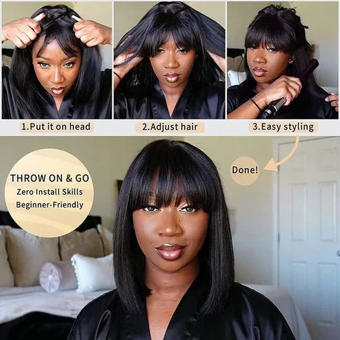 Taneshia's GodBless 12 Inch Realistic Yaki Straight Bob With Bangs 2x1 Minimalist Lace Wig 150% Density